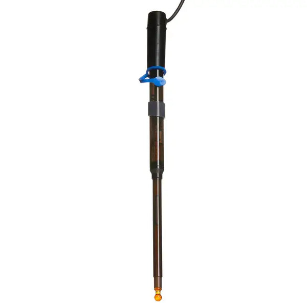 Image of Orion PH Electrode top to bottom all black except the bulb is orange and made of glass including black cord attached to the probe