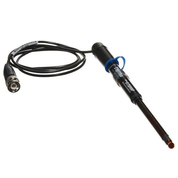 Image of Orion PH Electrode top to bottom all black except the bulb is orange and made of glass including black cord attached to the probe