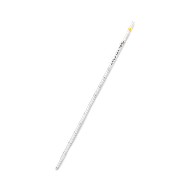 BIRR Serological Pipette 1 mL with measuring units on side of clear pipette with yellow ring near the top of the pipette.