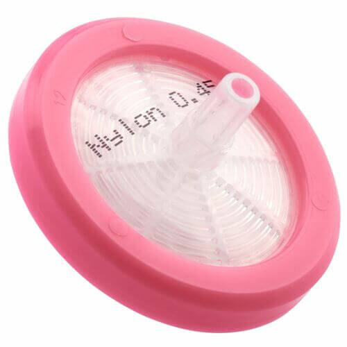 Nylon Naturally hydrophilic, low extractables, some protein binding Useful for alcohols, cryoprotectants such as DMSO and with aqueous/biological and weak solvents Polypropylene housings with pink color rings