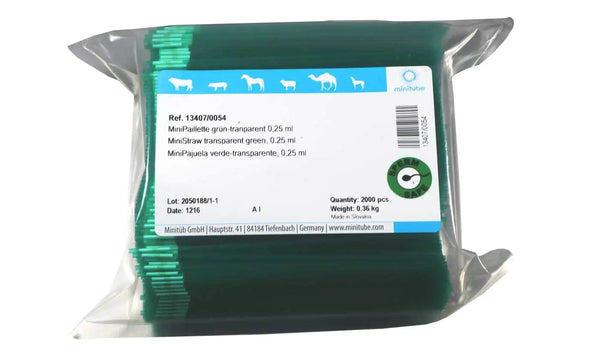 Bag of 2,000 Transparent Green Minitube, 0.25 ml MiniStraw; Standard for the freezing of semen worldwide. Prod. No. 13407/0054