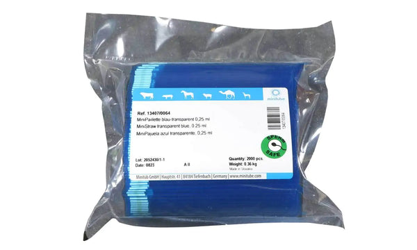 Bag of 2,000 Transparent Blue Minitube, 0.25 ml MiniStraw; Standard for the freezing of semen worldwide. Prod. No. 13407/0064
