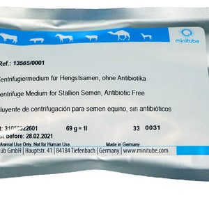 Minitube, Centrifuge medium for equine semen; Powder for 1, transparent EDTA-glucose solution. Without antibiotic. Prod. No. 13565/0001