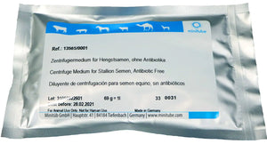 Minitube, Centrifuge medium for equine semen; Powder for 1, transparent EDTA-glucose solution. Without antibiotic. Prod. No. 13565/0001