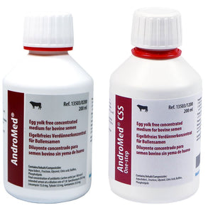 Minitube, AndroMed®, AndroMed® CSS One-step; Egg yolk free concentrated medium for freezing of bovine semen and semen of other ruminants, Also suitable for the preservation of fresh semen. 200 ml for a total of 1000 ml of extender.