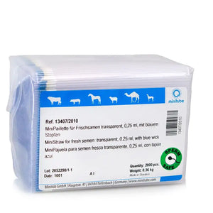 Bag of 2000 of the Minitube, MiniStraw for fresh semen, 0.25ml; Stores fresh/chilled semen at refrigerated temperatures, with blue wick. 