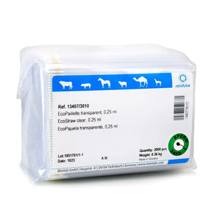 	Minitube, EcoStraw, 0.25 ml, Clear; EcoStraws feature a wick with a shorter inner wick section that absorbs 3 to 4% fewer sperm than the corresponding symmetrical wick of standard semen straws. Prod. No. 13407/3010