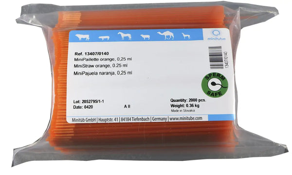 Bag of 2,000 Orange Minitube, 0.25 ml MiniStraw; Standard for the freezing of semen worldwide. Prod. No. 13407/0140