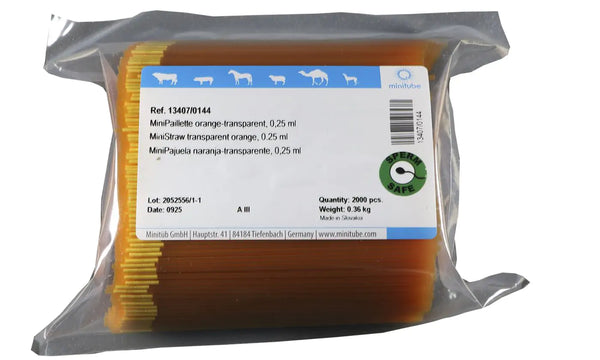 Bag of 2,000 Transparent Orange Minitube, 0.25 ml MiniStraw; Standard for the freezing of semen worldwide. Prod. No. 13407/0144