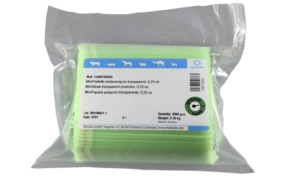 Bag of 2,000 Transparent Pistachio Minitube, 0.25 ml MiniStraw; Standard for the freezing of semen worldwide. Prod. No. 13407/0204