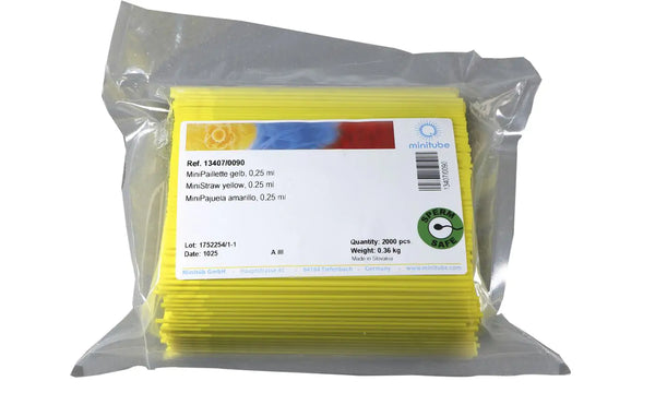 Bag of 2,000 Yellow Minitube, 0.25 ml MiniStraw; Standard for the freezing of semen worldwide. Prod. No. 13407/0090