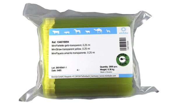 Bag of 2,000 Transparent Yellow Minitube, 0.25 ml MiniStraw; Standard for the freezing of semen worldwide. Prod. No. 13407/0094