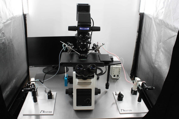 Olympus IX73 w/NEW HMC Optics, NEW Tokai Hit,NEW IVFOD Micromanipulator System, NEW 2 x IVFOD Air Injectors, NEW Camera/C-Mount/Monitor