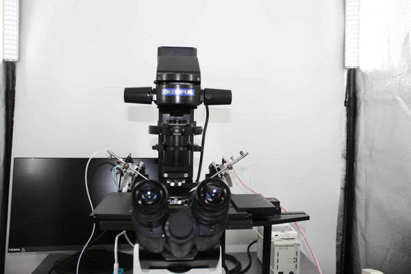 Olympus IX73 w/NEW HMC Optics, NEW Tokai Hit,NEW IVFOD Micromanipulator System, NEW 2 x IVFOD Air Injectors, NEW Camera/C-Mount/Monitor