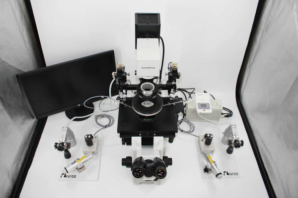 Olympus IX71 w/HMC Optics, New Tokai Hit, New Narishige Motorized Micromanipulations System, New 2 x Narishige IM-11 Air Injectors, New Camera/C-Mount/Monitor